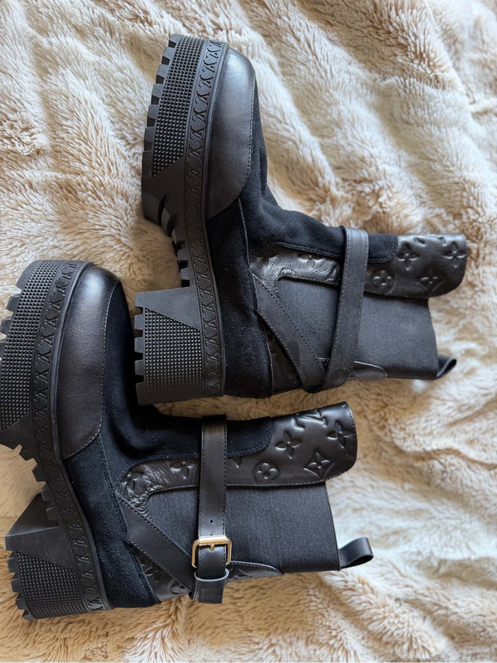 Style LV Black Platform Ankle Boots with Buckle Strap